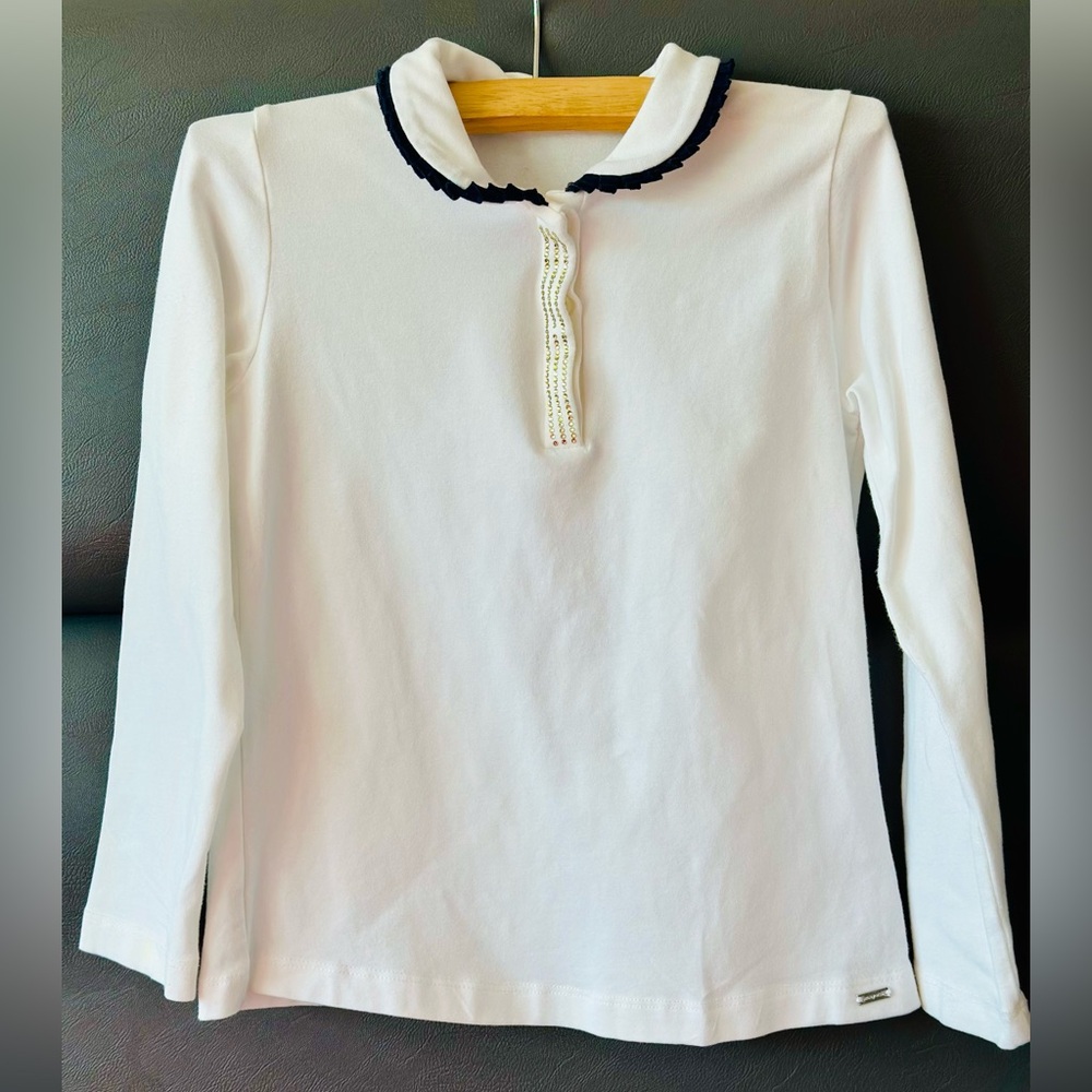 Mayoral White Long Sleeve Shirt with Navy Trim